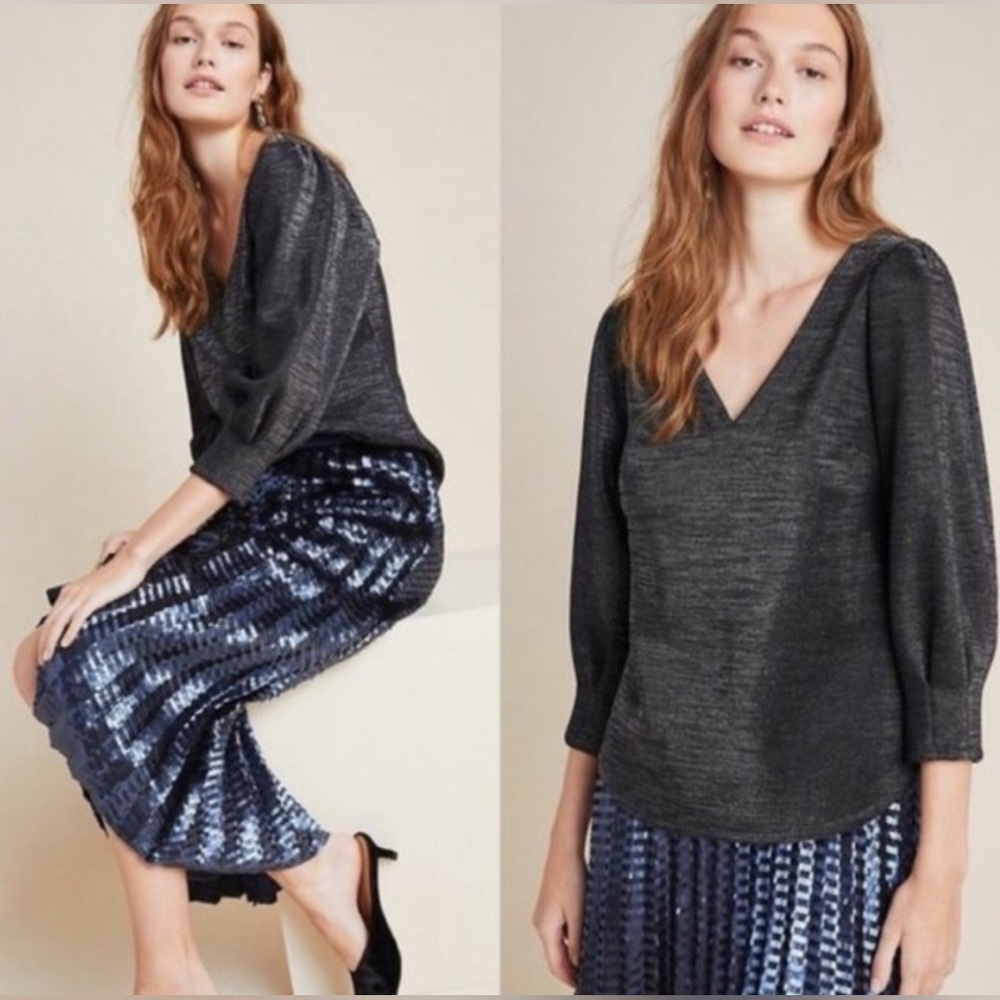 NWT RO & DE Anthropologie Cassidy Metallic Silver Black Shimmer Blouse Size XS